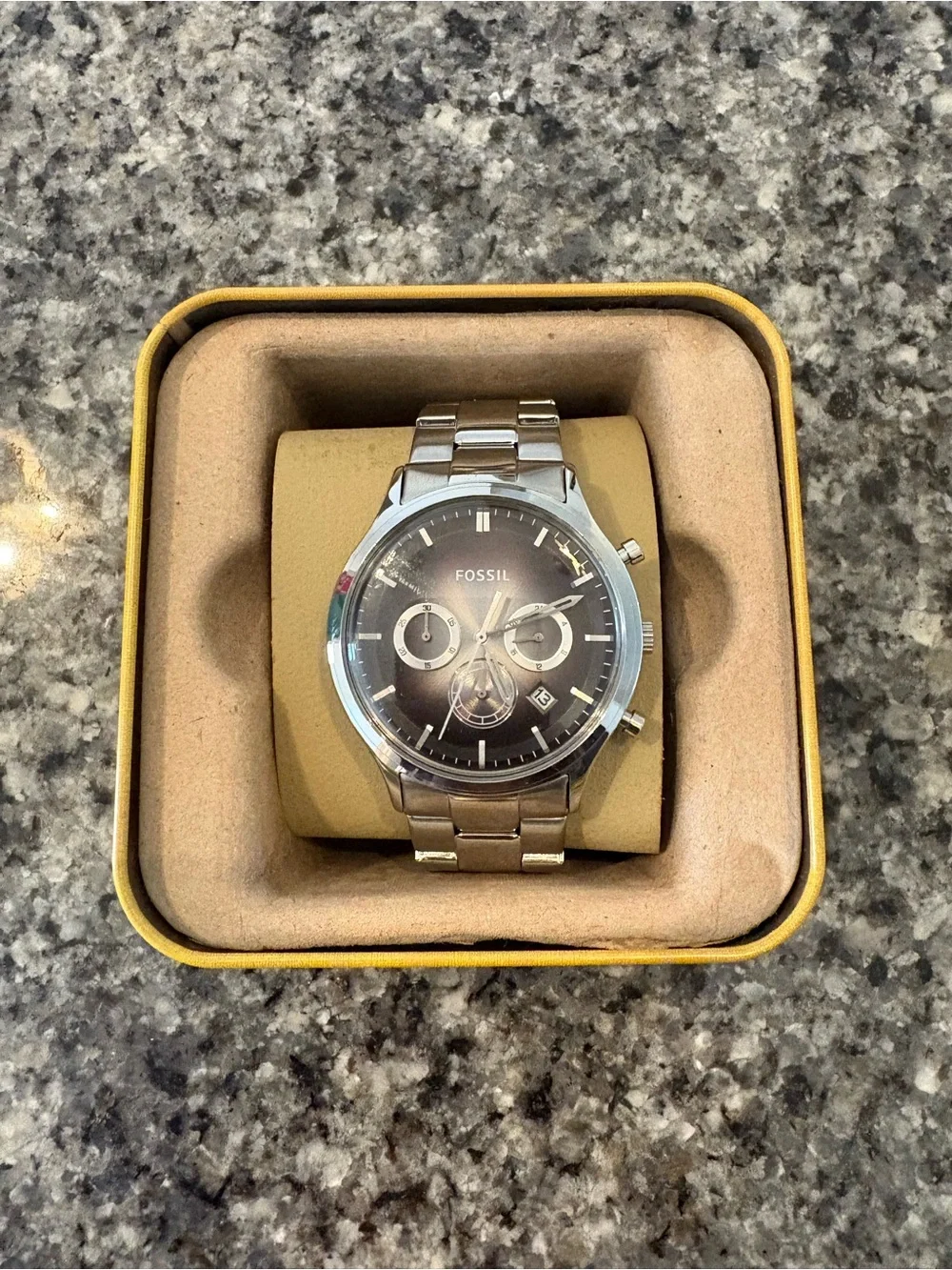 Fossil Silver Stainless Steel Watch with Black Dial